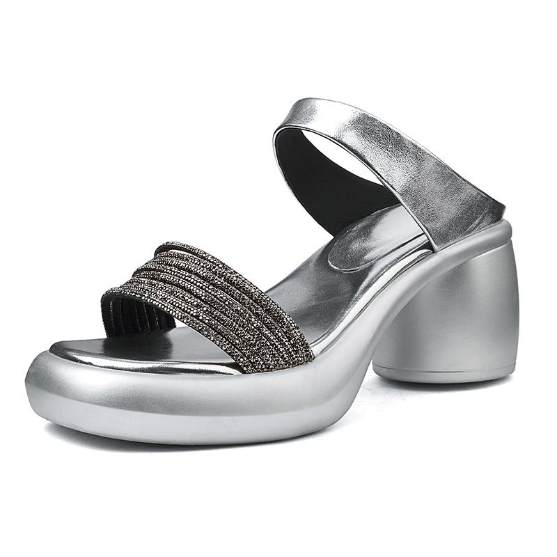 

Fashion Women s new leather, cowhide, rhinestone, thick sole, thick heel, high heels, exposed toes, breathable fashion slippers 220 серебряный