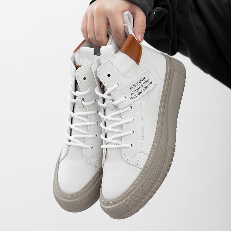 Men's High-Top Leather Sneakers: Autumn/Winter Cowhide Mid-Top White Shoes with Thick Soles.