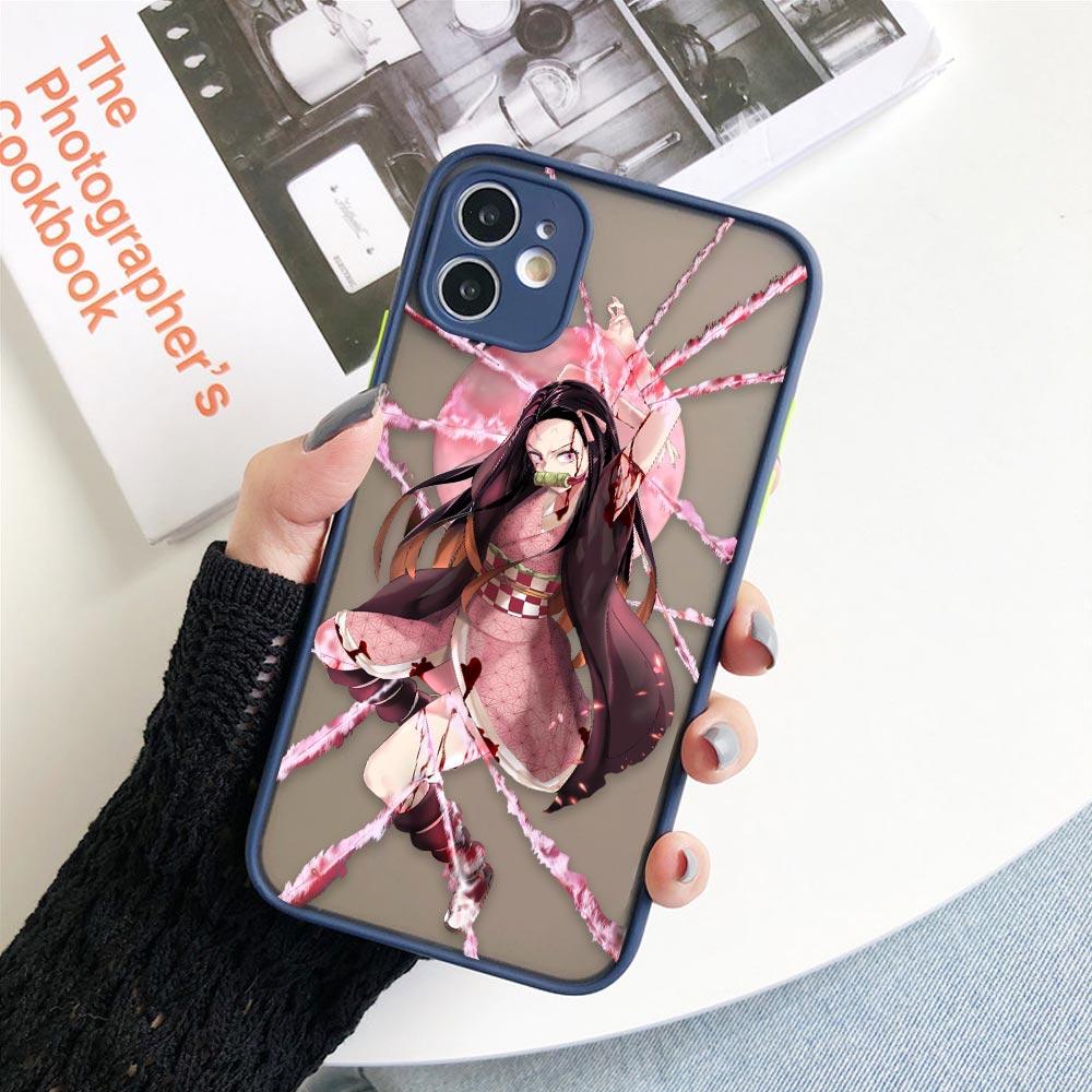 Matte Case For iPhone 11 12 13 14 Pm Pro Max XR X 8 7 Plus Pro XS Mini Skin Feeling Cover Fundas Shell Japan Anime Demon Slayer