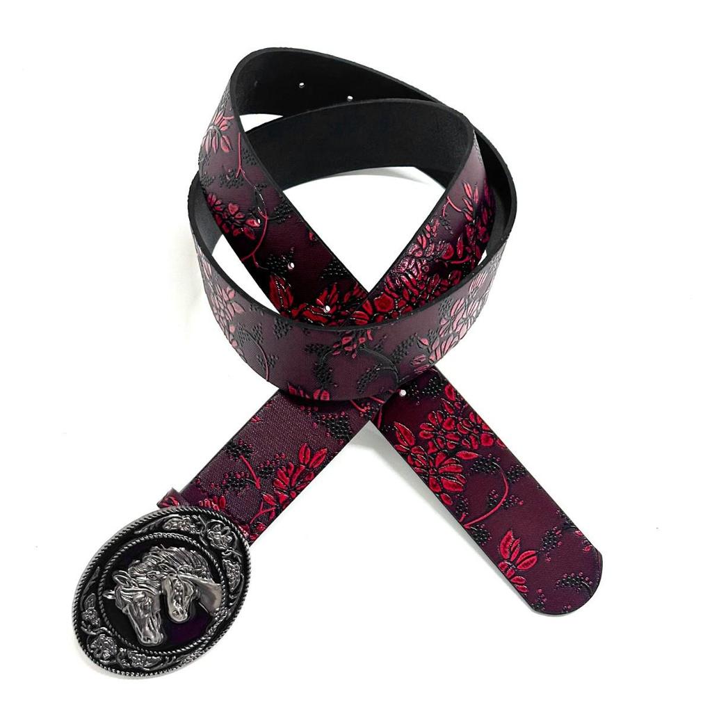 Vintage Dark Red Rose Double Horse Head Leather Belt - Unisex, Retro, Decorative Accessory.