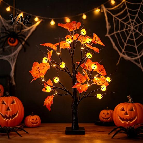 Easy Installation Decor Halloween Maple Leaf Tree Light, LED Lighted Artificial Branch Home Lamp with Pumpkin/Spider/Eyeball/Ghost for Party