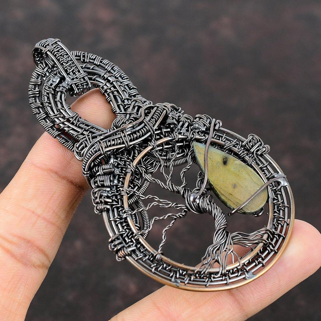 Přívěsek Tree Of Life Labradoritový měděný drát Přívěsek omotaný drahokamem Měděné šperky Ručně vyráběný přívěsek Labradoritový šperk na dárek