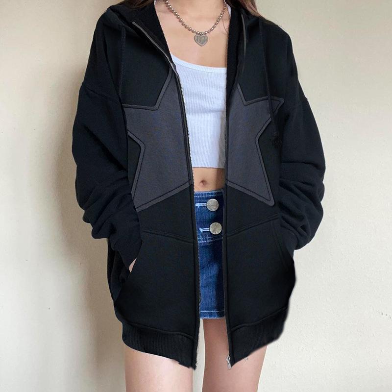 Y2K Vintage Star Hooded Hoodie Women Casual Loose Long Sleeve Drawstring Sweatshirts Autumn Spring Coat