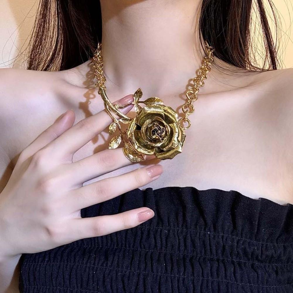 Luxury Metal Rose Necklace Coarse Neck Chain Exaggerated Flower Necklace  Women