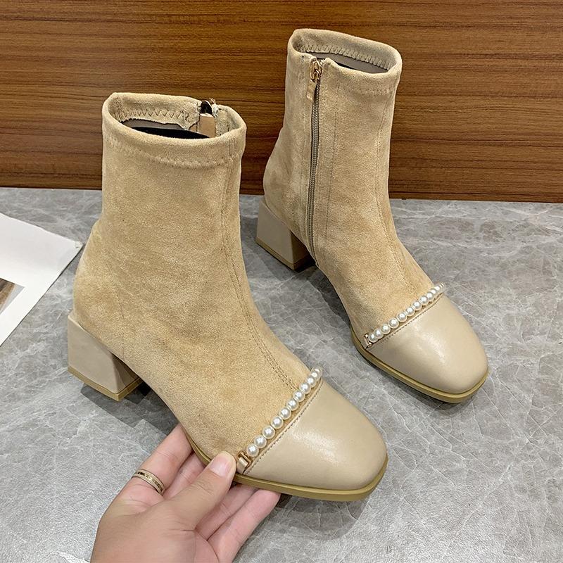 Fashion Stylish Beaded Spliced Suede Side Zipper Non-Slip Wear-Resistant Block Heel Short Thigh Boots Autumn New Single Boots