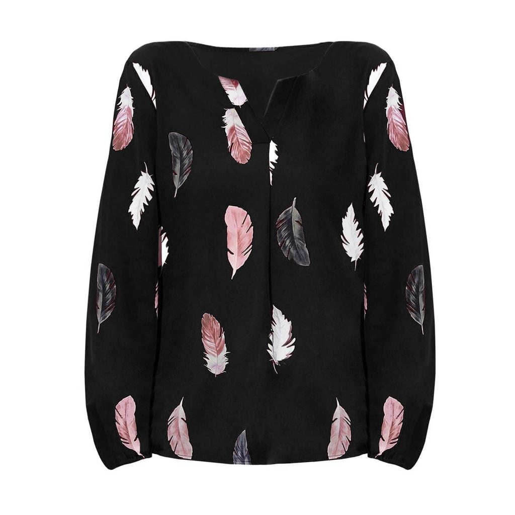 Ladies Fashion New Feather Print Notched Neck  Sleeve Blouse Long Sleeve Tops