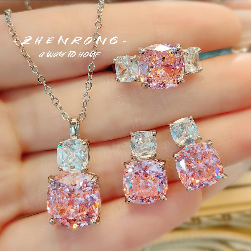 

Stylish Women Jewelry Set Pink Diamond Purple Pendant Necklace Imported High Carbon Earrings Ice Cut Gemstone Ring Set