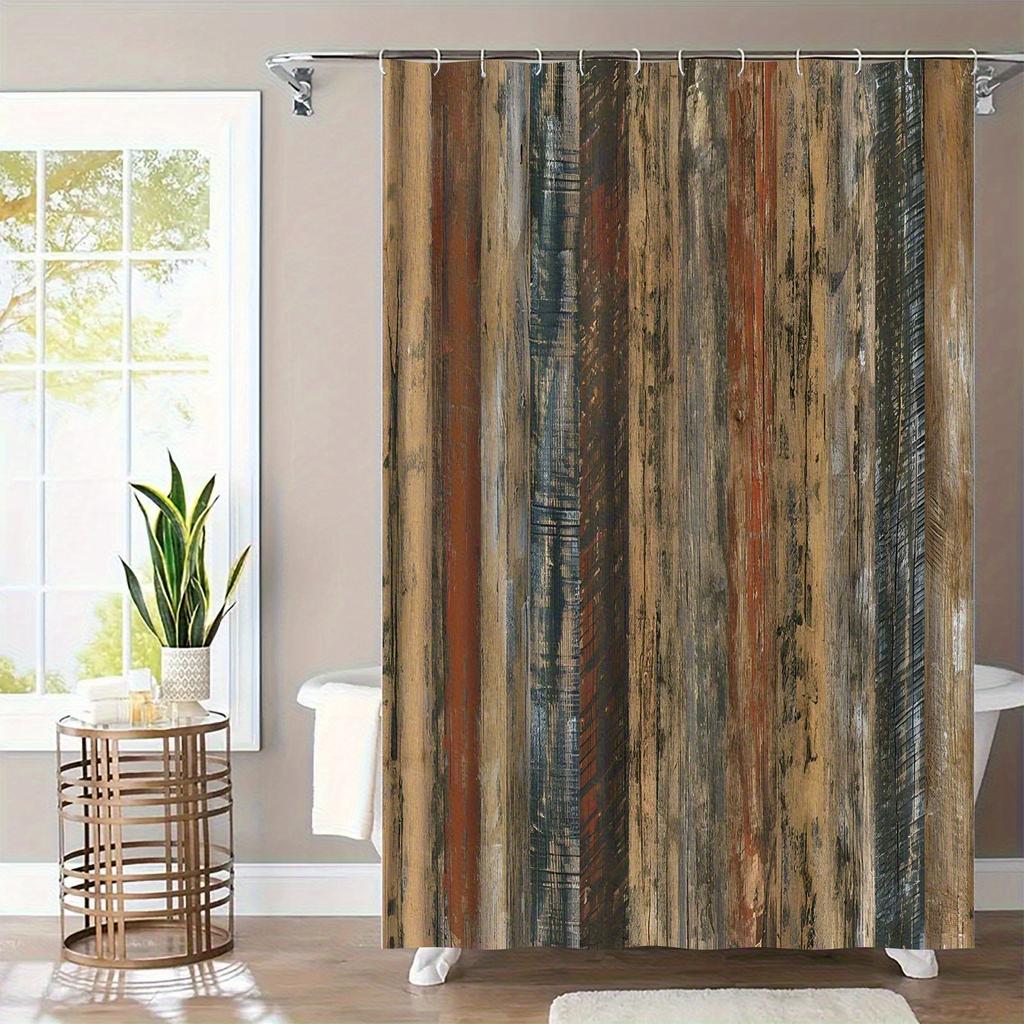 1pc Modern Rustic Wood Grain Shower Curtain - Brown Red Blue Beige Bathroom Window Curtain with, High Quality Polyester Fabric