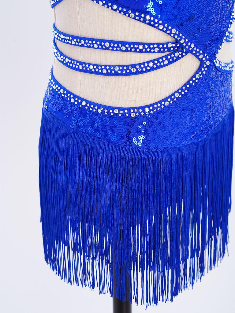 Dziewczęca Sukienka do Tańca Latynoamerykańskiego Bez Rękawów Marszczona Siateczkowa Góra Wycięcie w Talii Paski Błyszczące Frędzle Cyrkonie Płatki Sequins Body