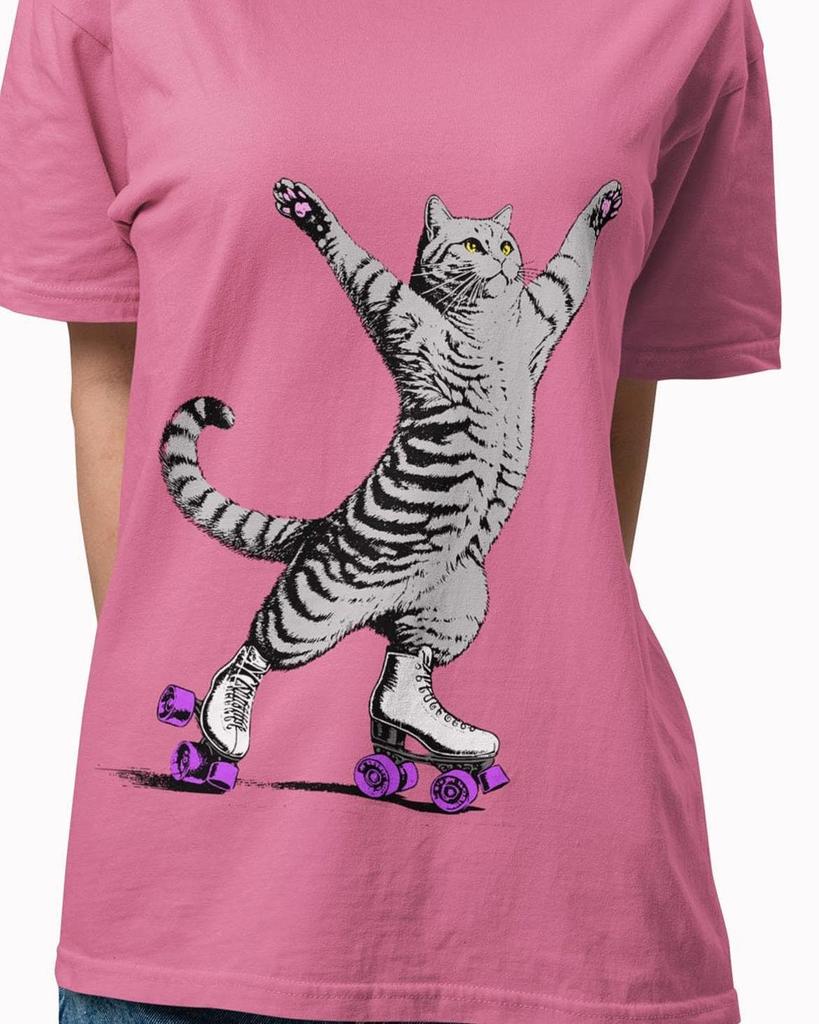 Roller Skating Cat T-Shirt, Vintage Style Fun Color Pop