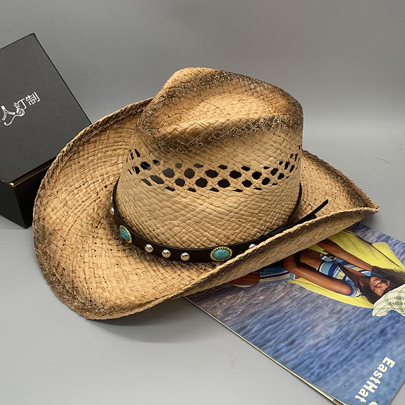 Ветровая Рафия Ручная Работа Полая Камень Отпуск Тень Ковбойская Шляпа Соломенная Шляпа M（56-58cm）
