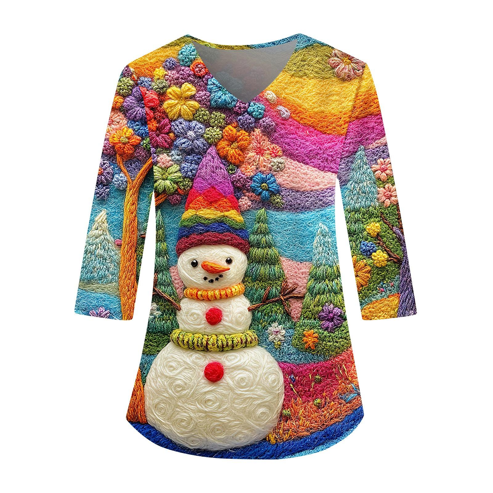 

Женский свободный рабочий топ с V-образным вырезом и карманом, рождественским принтом и рукавом три четверти XXXXXL