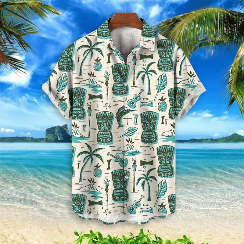 3d Tiki Print Hawaiian Shirts For Men Retro Men's Shirt Loose Casual Male Clothing 2024 New Fashion Trend Man Short Sleeve