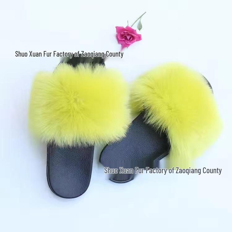 Women's Summer Fox Fur Slippers: Celebrity Trend, Flat Fur Sandals, Soft-Soled Flip Flops, Euro-American Style.