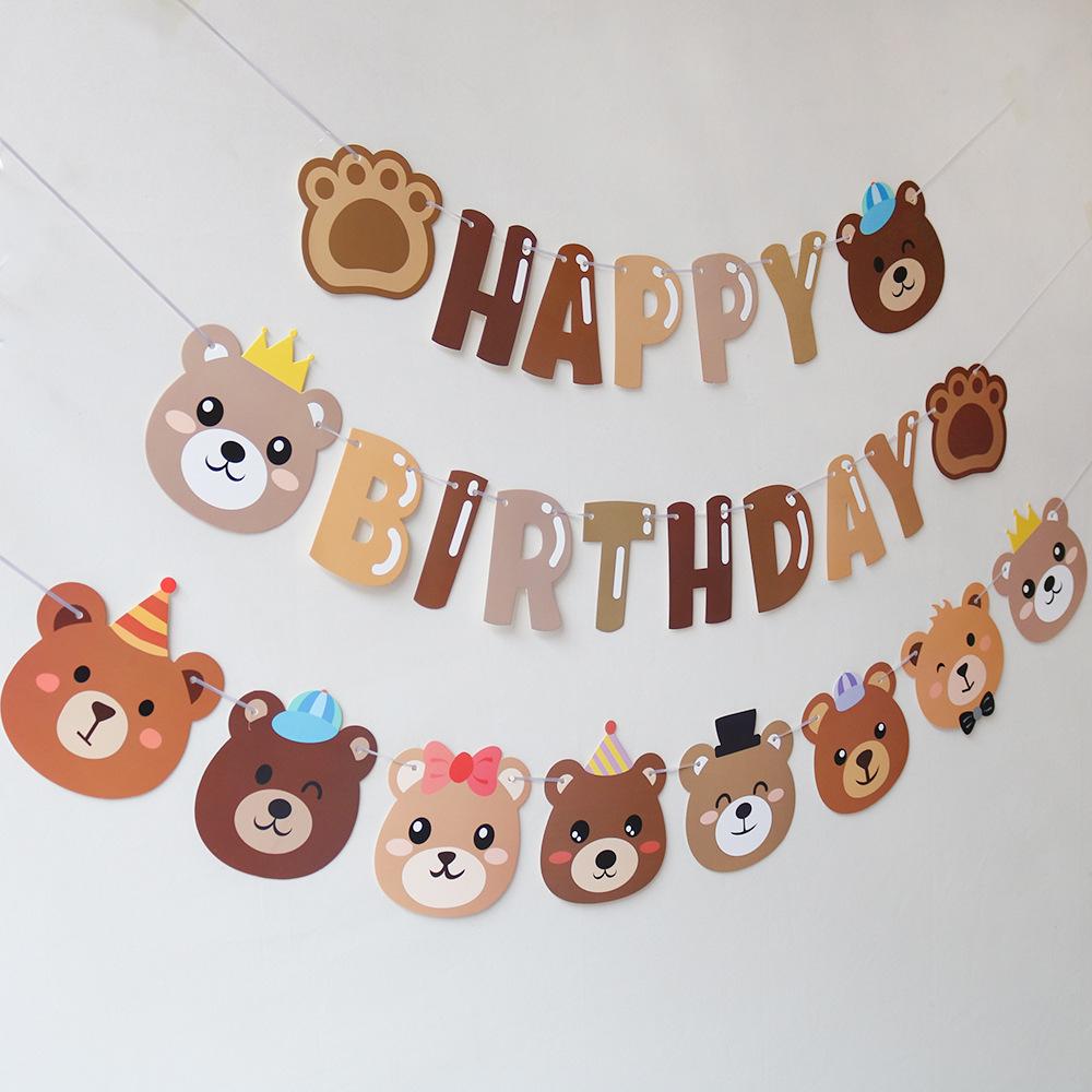 Retro Cartoon Little Bear Birthday Party Pull Flag Decoration Banner