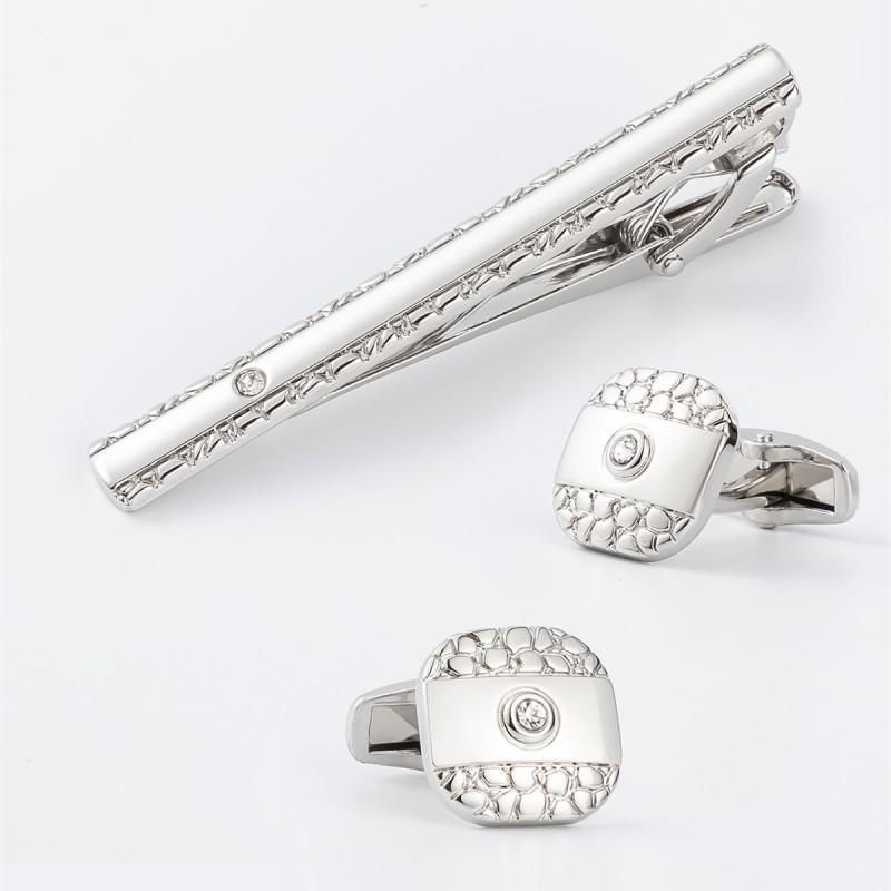 Electroplated Diamond Inlaid Cufflinks Tie Clip Set Men s Business Natural серебряный