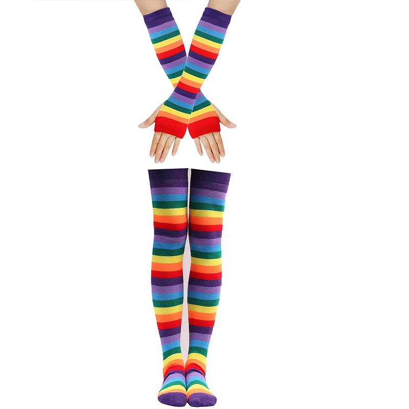 Purple Stockings Party Props 2 Piece Set Striped Over The Knee Socks Colored Striped Gloves New Casual Stockings