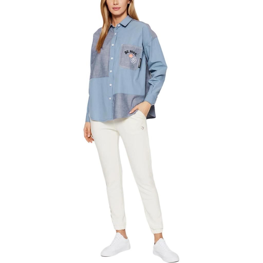 Converse COLORBLOCKED BUTTON Shirts Women's Blue Lapel Moderate Shirt 10022971-A02