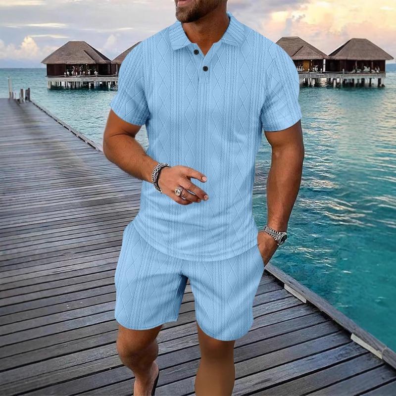Men Casual Summer Turn Down Collar Short Sleeve Jacquard Polo Shirt And Shorts Set