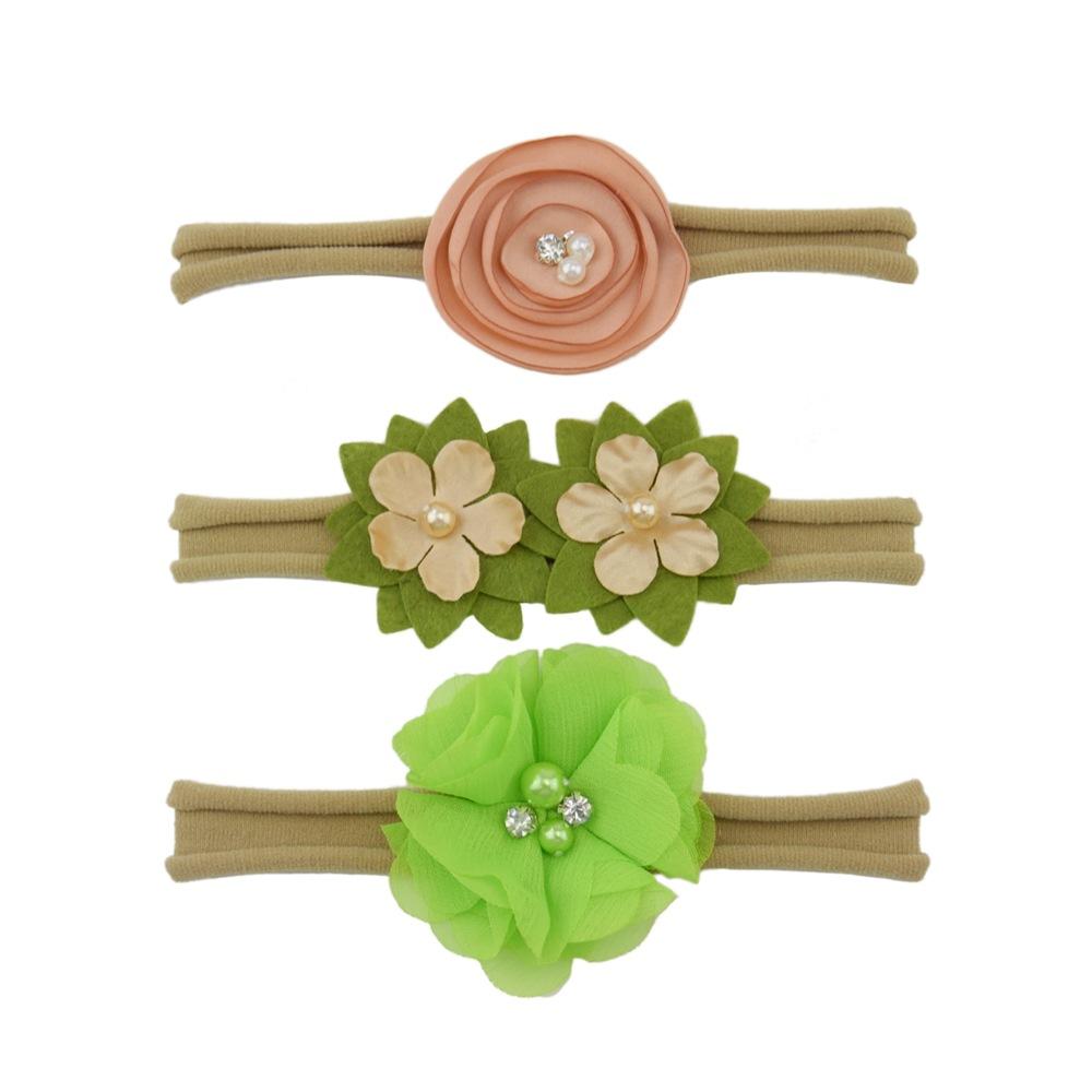Children'S Nylon Headband Three-Piece Elastic Soft Headband Green Flower Headgear Versatile Head Flower Set