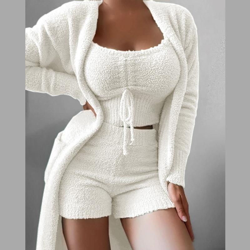 

3 предмета однотонной пижамы женские осенние бархатные кружевные укороченные топы шорты костюм кардиганы пальто модные удобные пижамы шорты комплекты XL белый