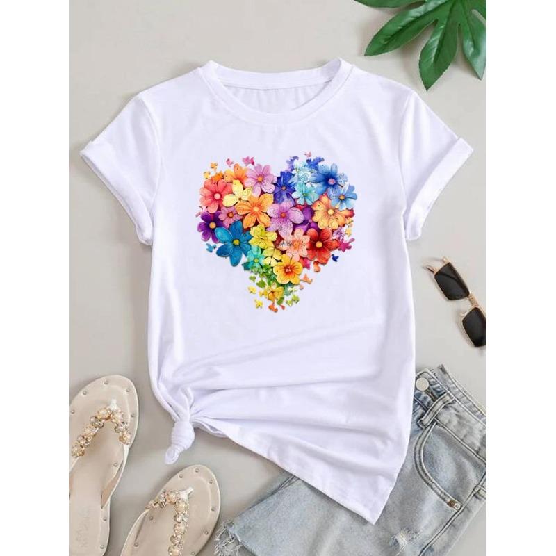 (European Size) Lovely Cute Women Letter Flower Tee Top Clothing Casual Short Sleeve T Shirt Fashion Print Lady Female Graphic T-shirts