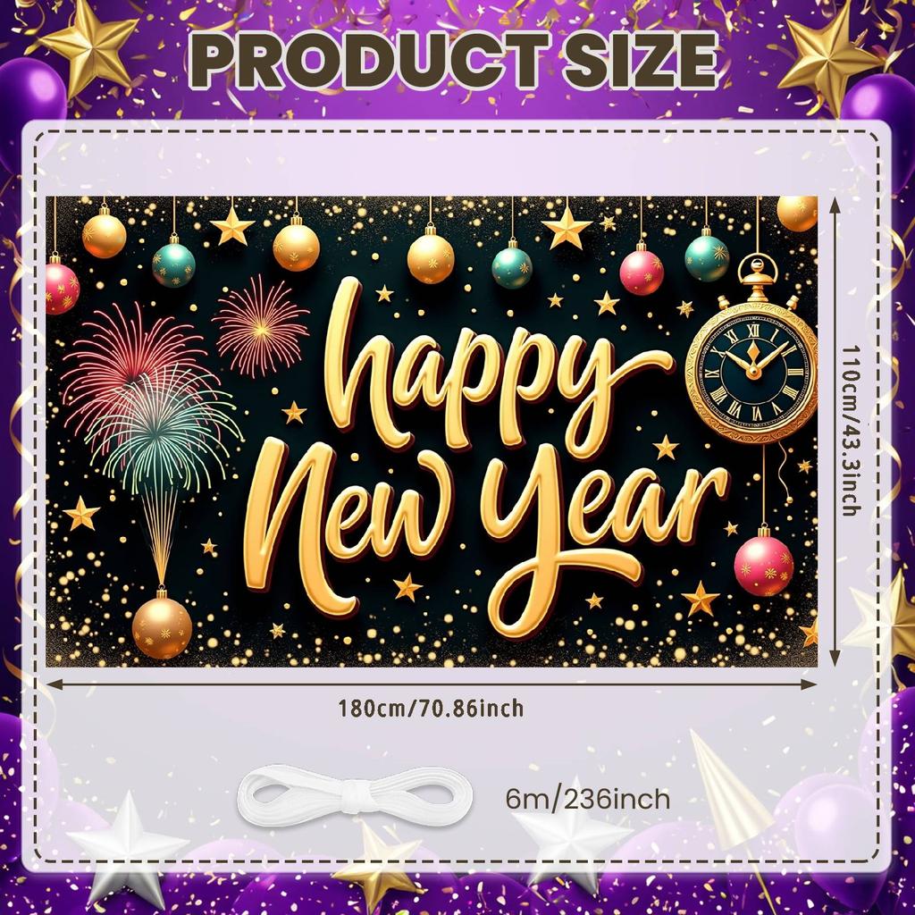 Happy New Year Banner Firework Design New Year Banner New Year's Eve Banner Colorful Ornament For Party Backdrop