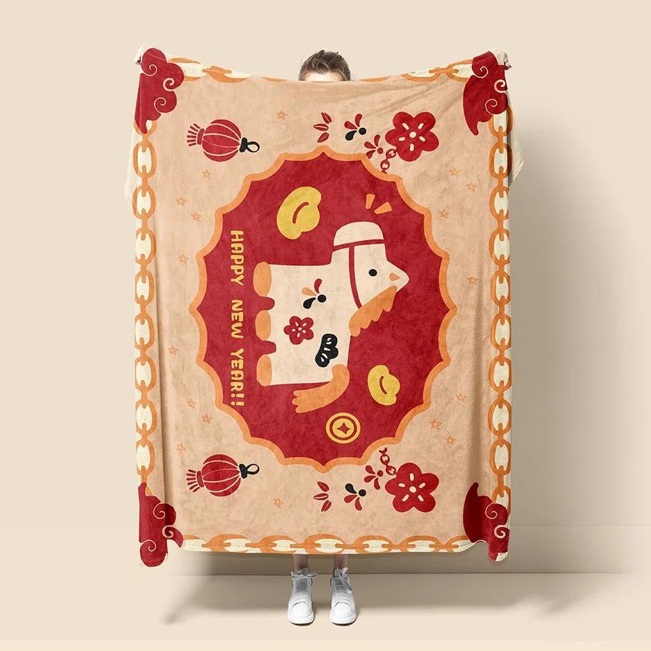 New Year Horse Year Blanket Red Sofa Throw Winter Thick Soft Cover for Office Home Gift