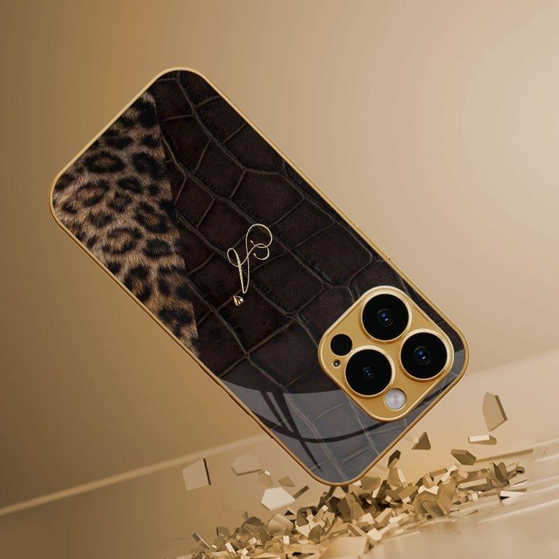 Luxury Crocodile Leopard Splicing Golden Letter A Phone Case for iPhone 17 16 15 14 13 12 11 Pro Max XS XR 7 8 Plus 16E