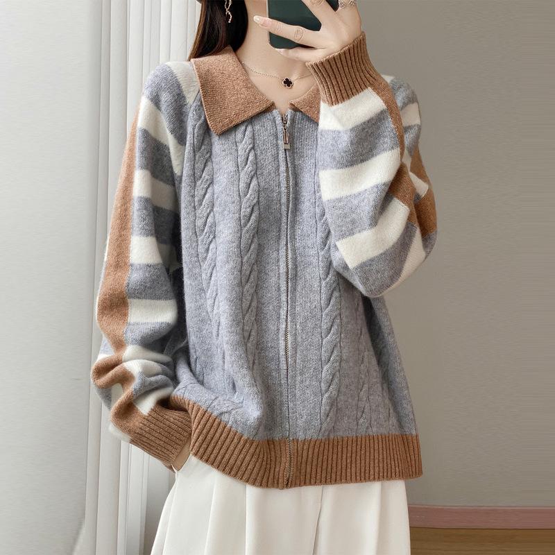 Mengyi Autumn Korean Style Color Block Cable Knit Cardigan for Women