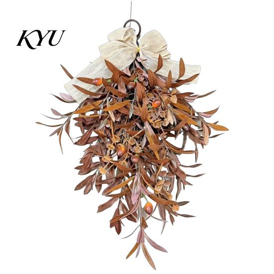 Country Style Fireplace Decoration Artificial Autumn Olive Leaf Wreath for Front Door, Retro Hanging Garland Harvest Festival Wall with Bow