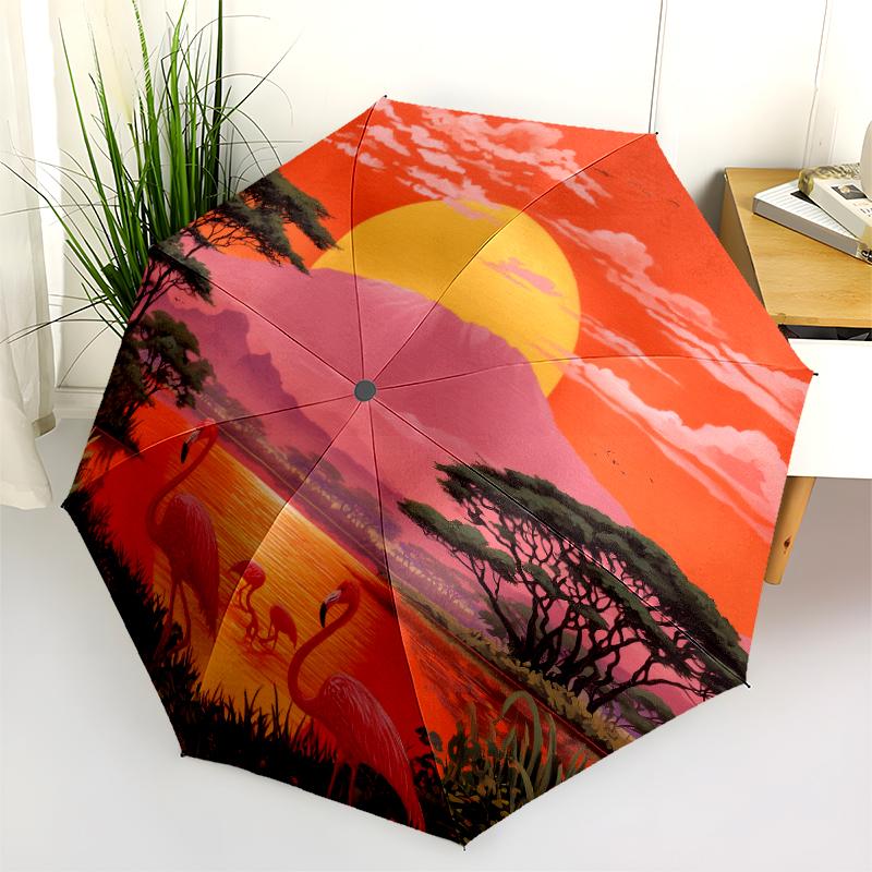 Animals and Sunset Pattern, Automatic Folding Umbrella, Portable and Foldable Design, 8 Ribs, a Christmas or Birthday Gift.