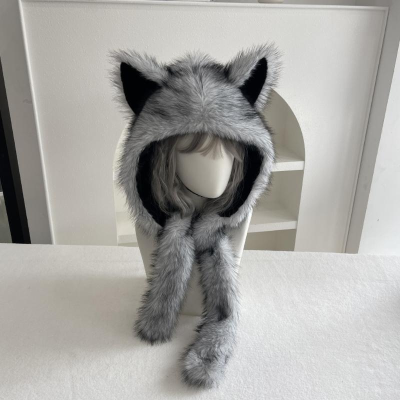 Plush Cats Ear Hat with Faux Furs Look Earflaps, Long Coverage Thick Warm Hat for Cold Weather Daily Outfit Styling, Outdoor Activity