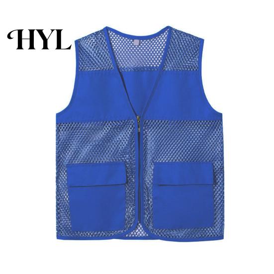 Vest Coat Hollow Out Zipper Placket Double Pockets V-neck Work Volunteer Bright Color Loose Fit Unisex Waistcoat