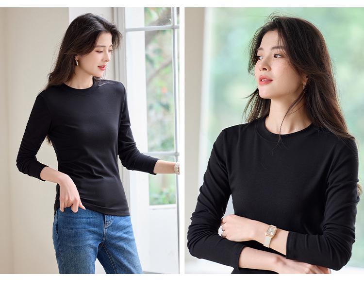 Women's Heavyweight Lyocell Long Sleeve Round Neck T-shirt with Plus Velvet Inner Layer - Slim Fit, Thickened for Autumn/Winter