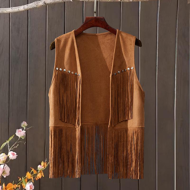 Women's Summer Vintage Ethnic-Style Cardigan with Fringe Vest Design Simple Solid-Color Sleeveless Jacket
