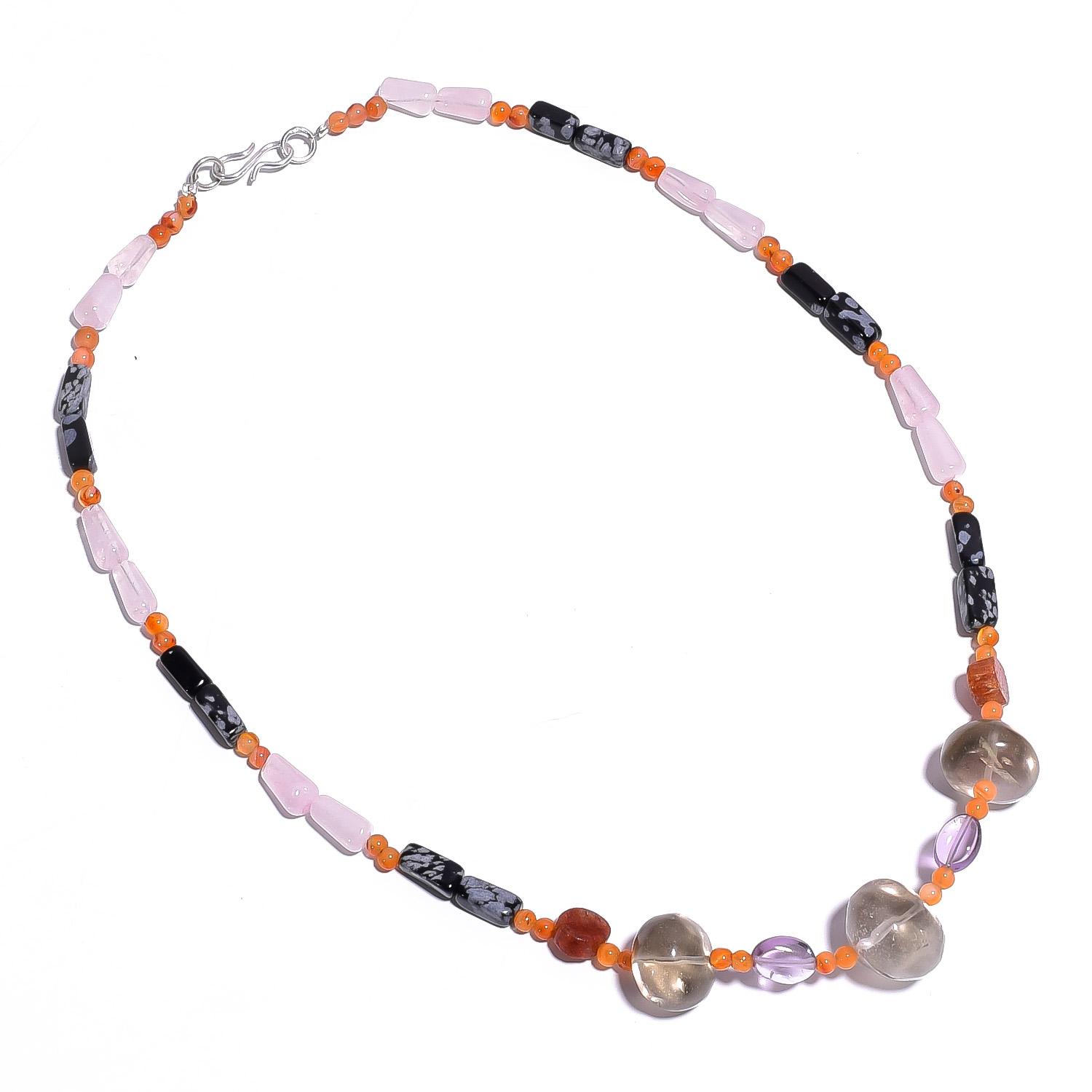 

Natural Smoky & Rose Quartz Snowflake Obsidian Smooth Beads Necklace 17 UB-4390 UB-4390