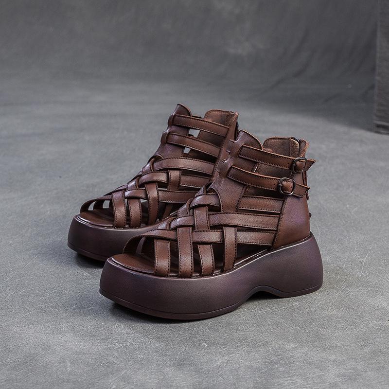 Jayzhou 2025 Summer Handmade Woven Cowhide Peep Toe Platform Roman Sandals 36
