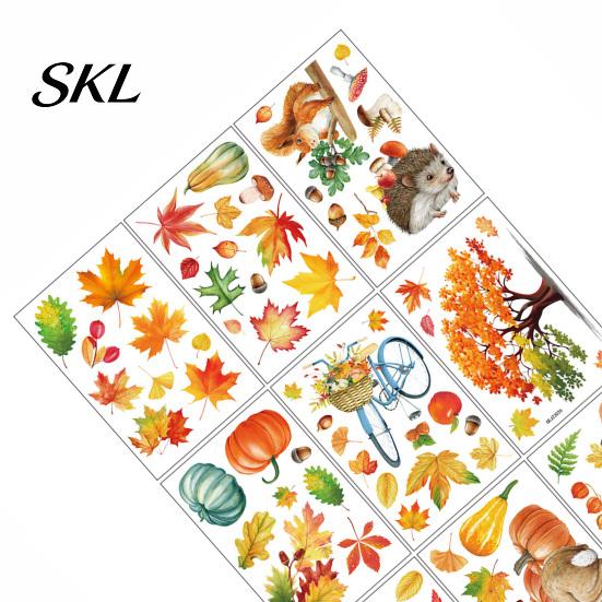 Cute Squirrel Hedgehog Deer Decals 9PCS Autumn Forest Animal Window Clings, Thanksgiving Maple Leaf Pumpkin Stickers, Reusable Static Clings