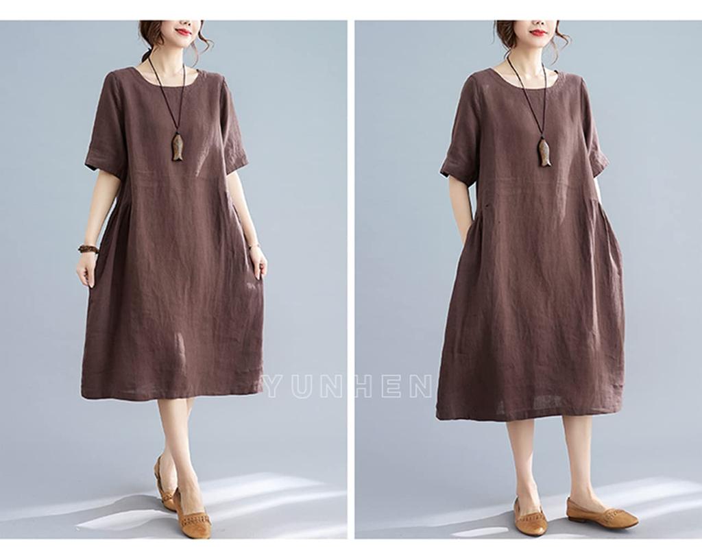 YUNHEN Summer Short Sleeve Loose Solid Plus Mori Girl 9 Women's Dress, Mid-Length, Fit, Color, Sizes, Style, Cotton/Linen, Figure-Flattering (Color
