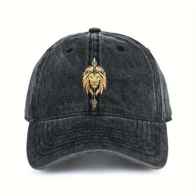 Golden Lion Head Graphic Washed Denim Baseball Cap Vintage Distressed Sports Sun Hat Unisex