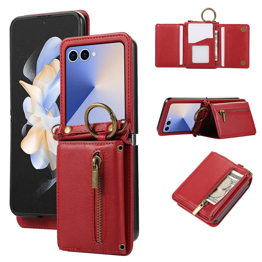 Leather Phone Case with Crossbody Ring and Card Holder for Samsung Galaxy Z Flip 7 6 5 4 3 Flip7 FE Flip6 5G Protective Cover
