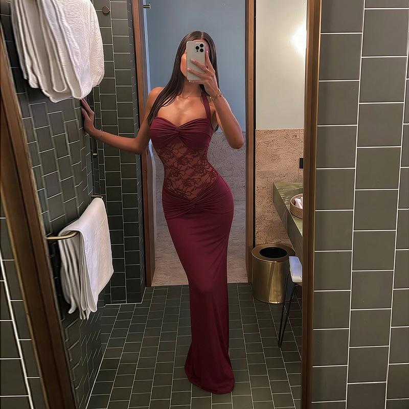 2026 Neck Sexy Slim Fit Solid Color Lace Splicing Sleeveless Tight Hip Wrap Dress