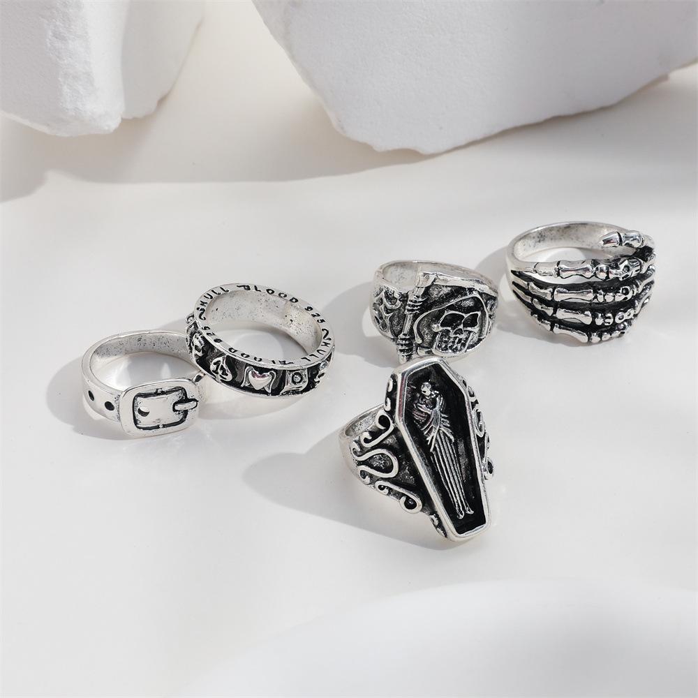 Cool Handsome Ladies Grip Ring, Punk Reaper Sickle Retro Belt Buckle Ring 5-piece Set