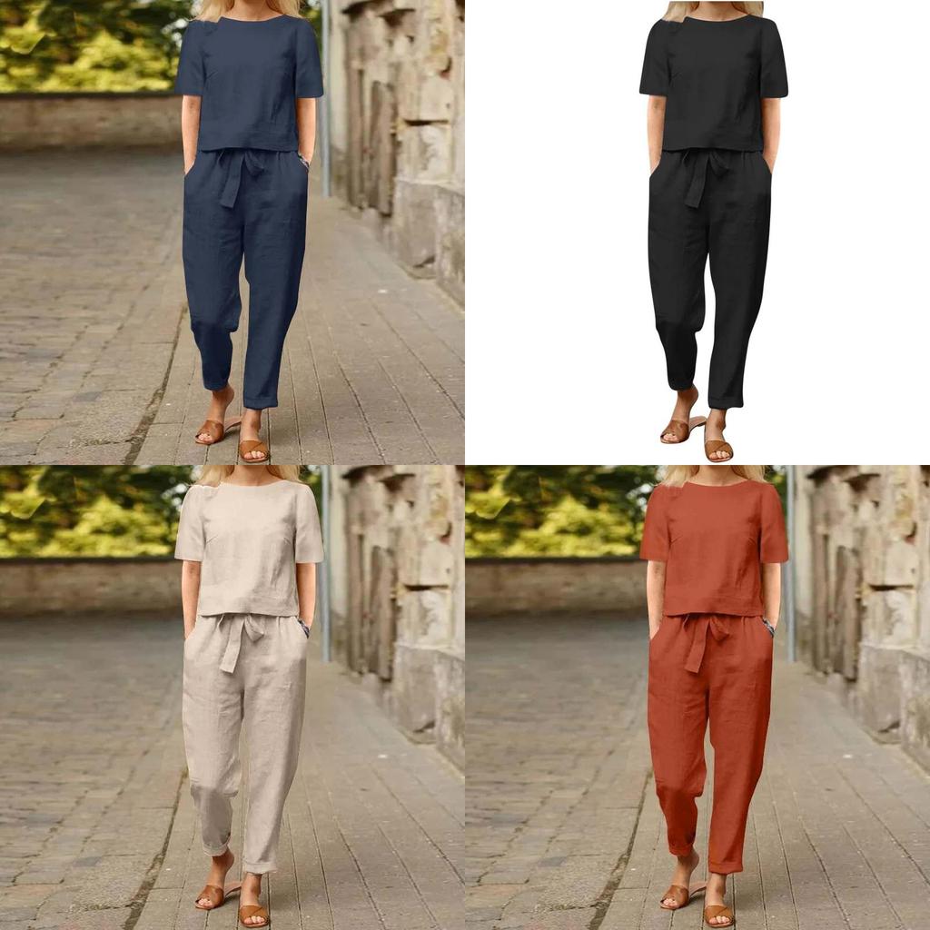 Summer Women Casual Linen Cotton Set With Short Sleeve Oneck Top And Wide Leg Pants For Comfortable Office Wear