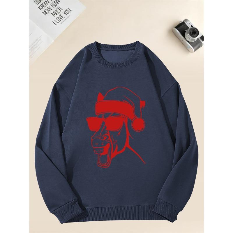 Men's Casual Crewneck Sweatshirt with Gorilla Wearing Santa Hat Design 100% Cotton Printed Long-Sleeve Crew Neck Pullover