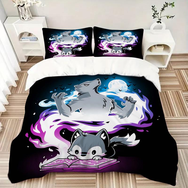 3-teiliges Magischer Wolf Aufdruck Bettwäsche-Set, Weiche und Bequeme Bettbezüge für Schlafzimmer, Gästezimmer (1 Bettbezug + 2 Kissenbezüge, Kissenkerne Nein