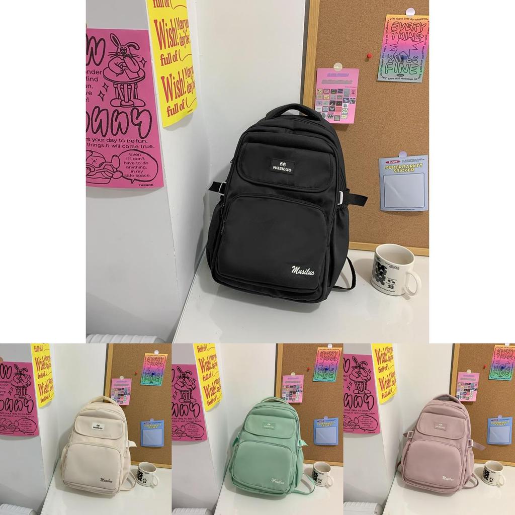Simple Solid Color Letter Printed Student Backpack With Plush Pendant For Daily Use
