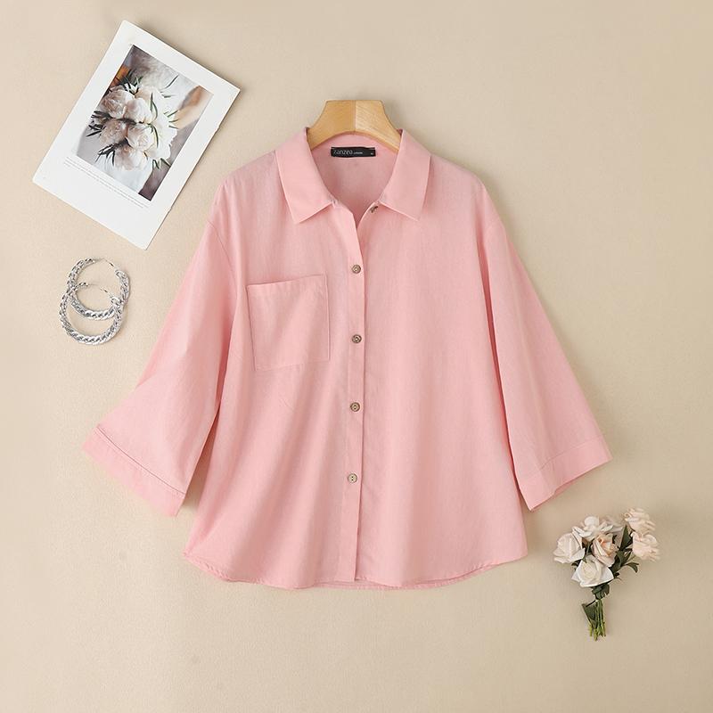 ZANZEA Womens Turn Down Collar 3/4 Sleeve Loose Button Blouse