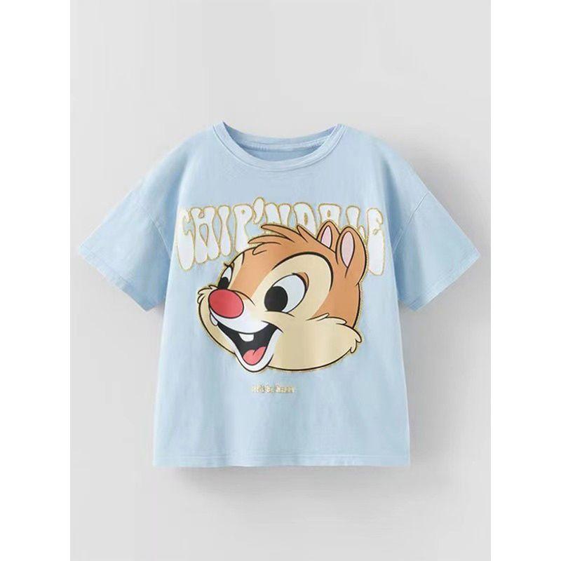 Boys' Blue Short-Sleeved Baby T-Shirt, Pure Cotton Half-Sleeved Top, Kidsren's Summer Clothing, Baby Bottoming Shirt, Cartoon Squirrel Trendy T-Shirt